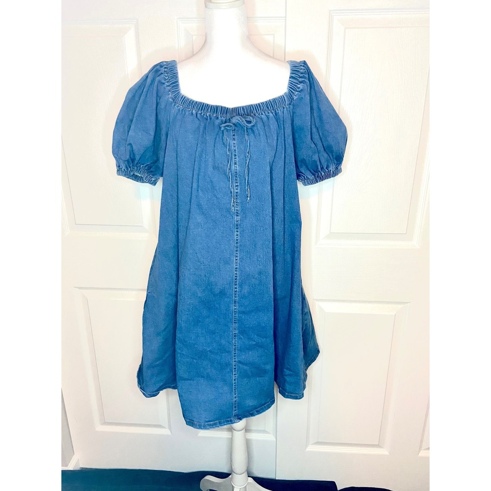 Blue Denim Puff Sleeve Mini Dress Square Neck Babydoll Chambray Cottagecore